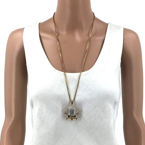 Skull Pendant Necklace Rhinestone Accent Gold Tone 28 Inch Length - Picture 1 of 2